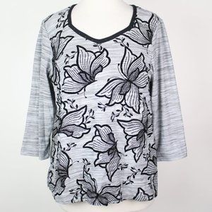 Alfred Dunner Black and White Floral Long Sleeve Tee